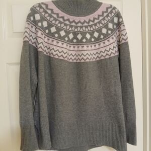 Tahari Gray Sweater with Light Pink & White Fair Isle Yoke